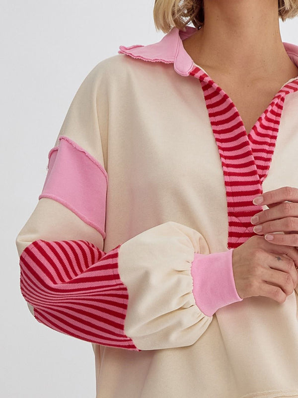 Women’s Sweatshirt OversizedPolo Neck Striped Colorblocking Top