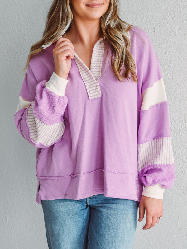 Women’s Sweatshirt OversizedPolo Neck Striped Colorblocking Top