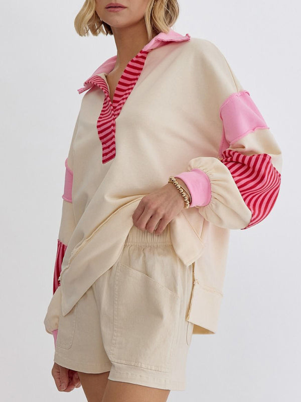 Women’s Sweatshirt OversizedPolo Neck Striped Colorblocking Top