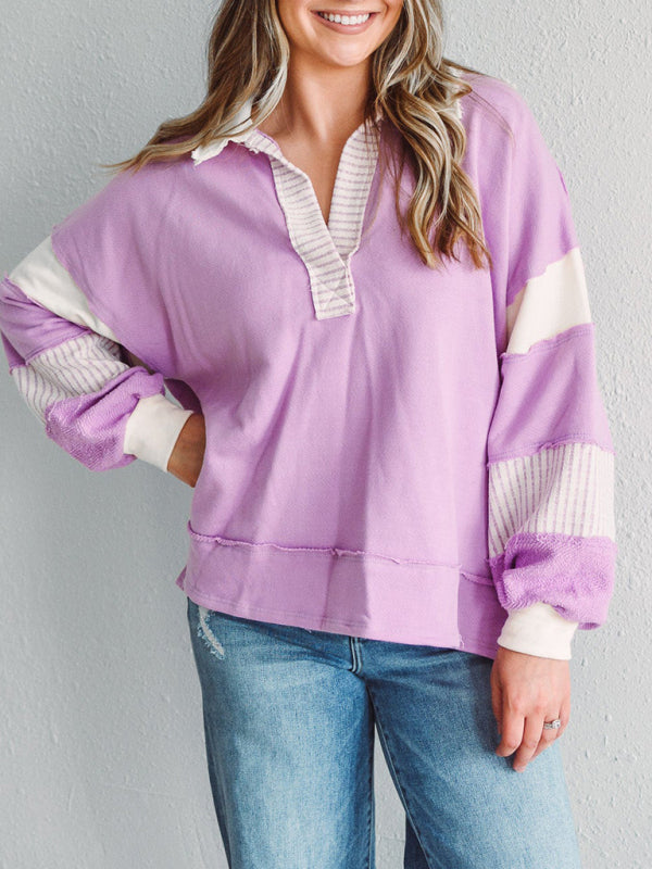 Women’s Sweatshirt OversizedPolo Neck Striped Colorblocking Top