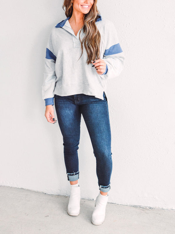 Women’s Sweatshirt OversizedPolo Neck Striped Colorblocking Top