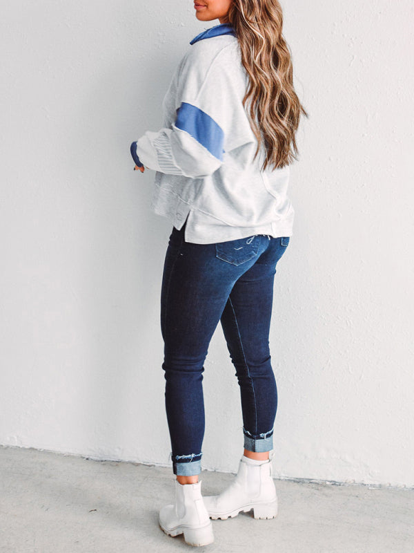 Women’s Sweatshirt OversizedPolo Neck Striped Colorblocking Top