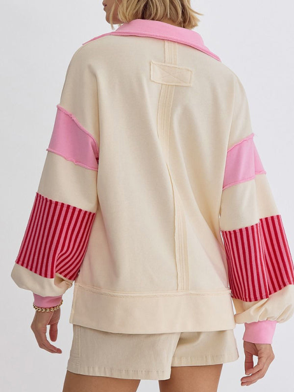 Women’s Sweatshirt OversizedPolo Neck Striped Colorblocking Top