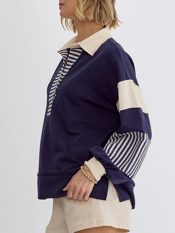 Women’s Sweatshirt OversizedPolo Neck Striped Colorblocking Top