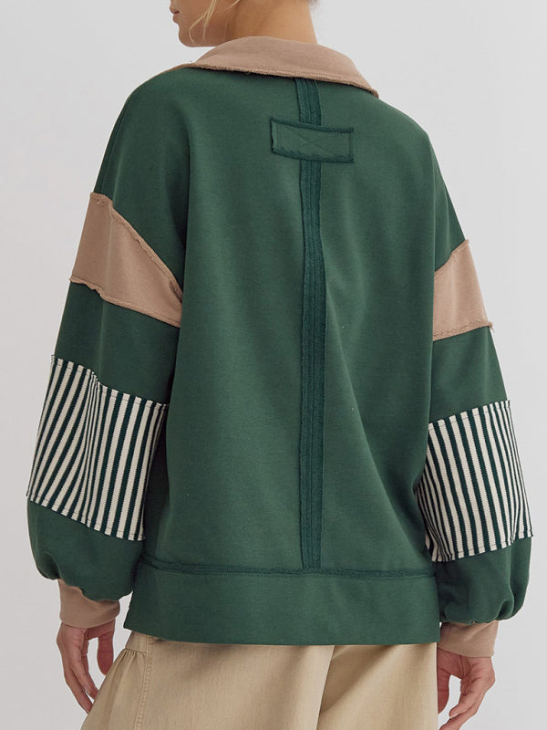 Women’s Sweatshirt OversizedPolo Neck Striped Colorblocking Top