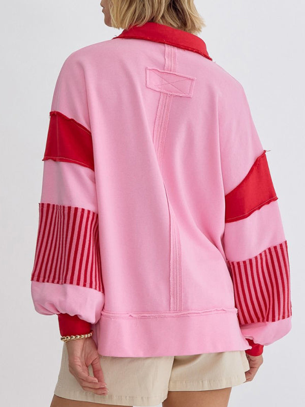 Women’s Sweatshirt OversizedPolo Neck Striped Colorblocking Top