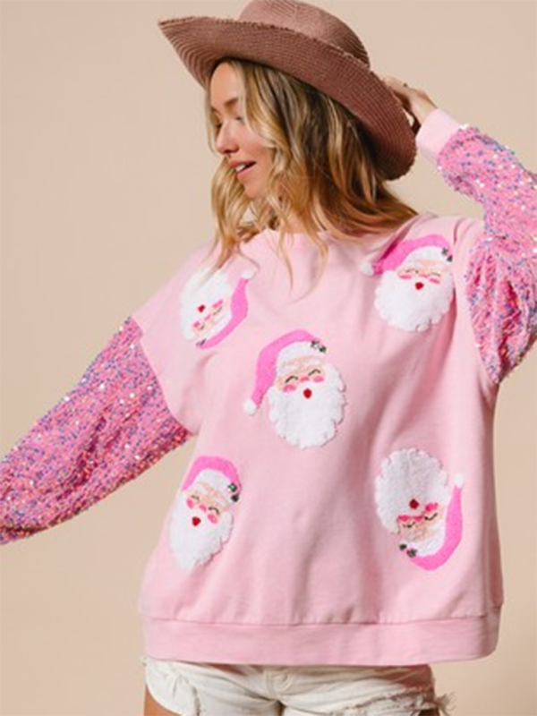 Women’s Sweet Sequin Sleeve Top Christmas Long Sleeve Sweater
