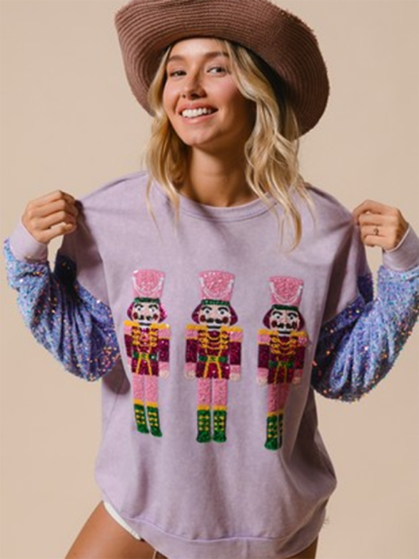 Women’s Sweet Sequin Sleeve Top Christmas Long Sleeve Sweater - Pattern1 / S