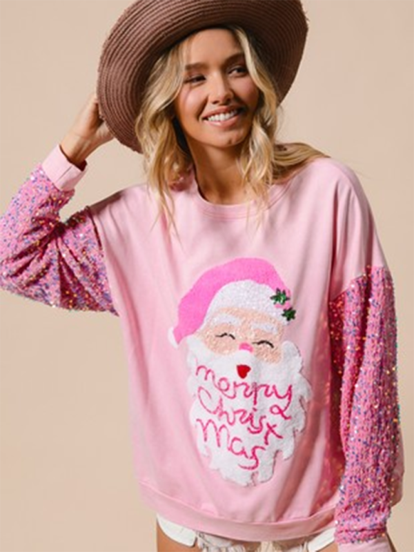 Women’s Sweet Sequin Sleeve Top Christmas Long Sleeve Sweater - Pattern2 / S