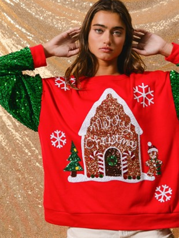 Women’s Sweet Sequin Sleeve Top Christmas Long Sleeve Sweater - Pattern3 / S