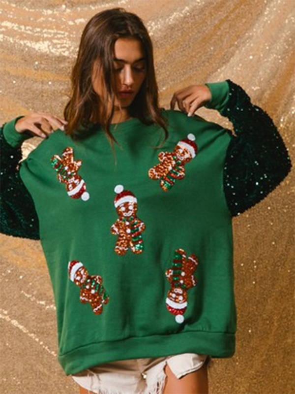 Women’s Sweet Sequin Sleeve Top Christmas Long Sleeve Sweater - Pattern4 / S