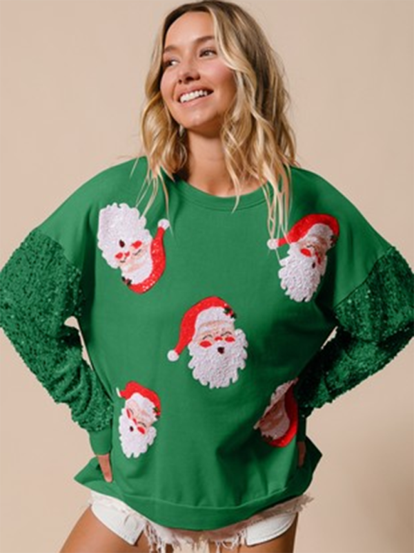 Women’s Sweet Sequin Sleeve Top Christmas Long Sleeve Sweater - Pattern5 / S