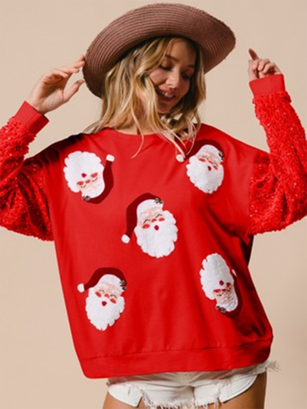 Women’s Sweet Sequin Sleeve Top Christmas Long Sleeve Sweater - Pattern9 / S