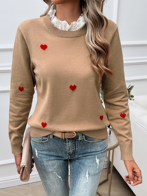 Women’s Temperament Casual Embroidered Love Heart Long Sleeve Sweater