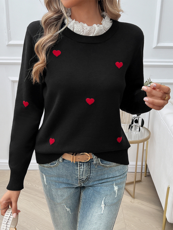 Women’s Temperament Casual Embroidered Love Heart Long Sleeve Sweater - Black / S