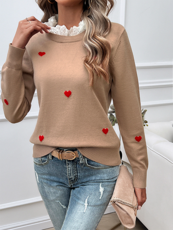 Women’s Temperament Casual Embroidered Love Heart Long Sleeve Sweater - Camel / S