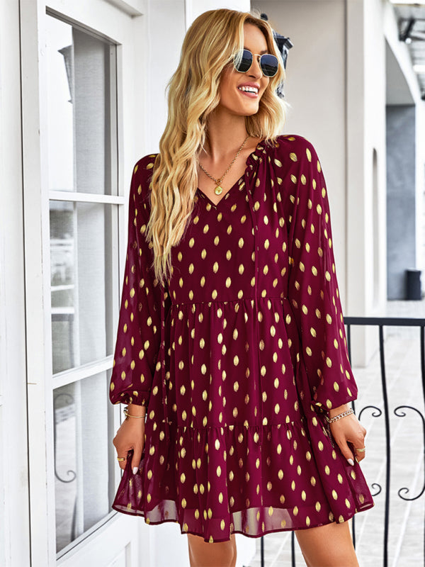 Women’s temperament elegant waist slim dress - Wine Red / S