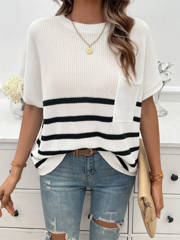 Women’s Temperament Round Neck Striped Contrast Color Short Sleeve Sweater