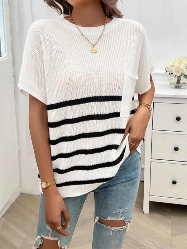Women’s Temperament Round Neck Striped Contrast Color Short Sleeve Sweater