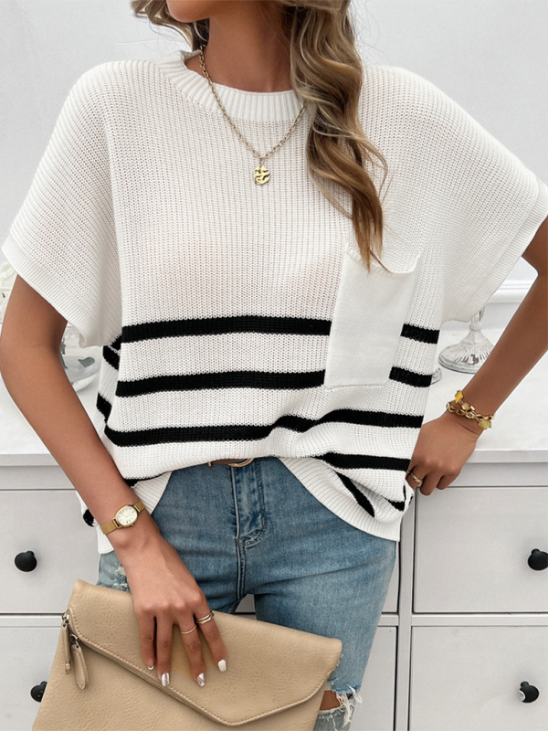 Women’s Temperament Round Neck Striped Contrast Color Short Sleeve Sweater