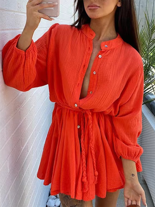 Women’s Temperament Sexy Solid Color Tie Button Lotus Leaf Dress - Orange / S