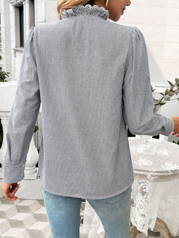 Women’s Temperament Striped Lace Long Sleeve Shirt