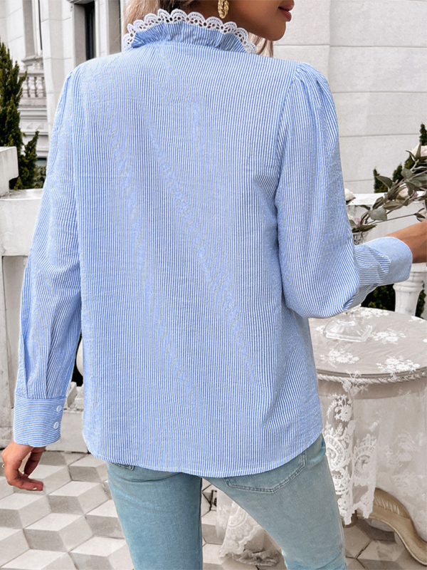 Women’s Temperament Striped Lace Long Sleeve Shirt