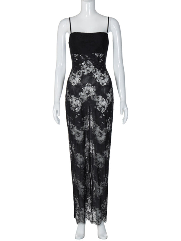 Women’s tie mesh suspender sexy backless long dress