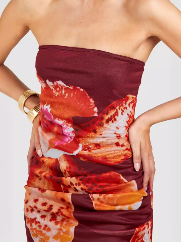 Women’s tight tube top sexy sleeveless dress mesh pleated print