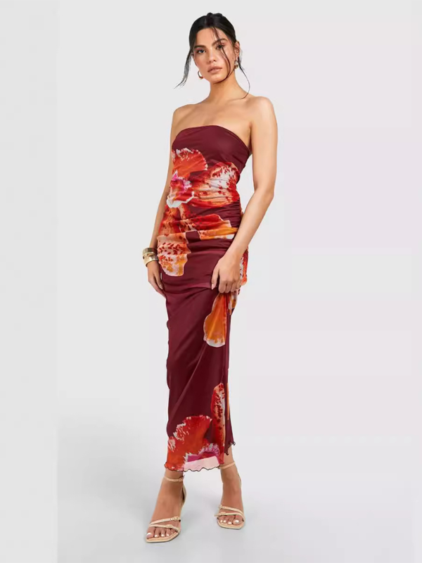 Women’s tight tube top sexy sleeveless dress mesh pleated print - Brick red / S