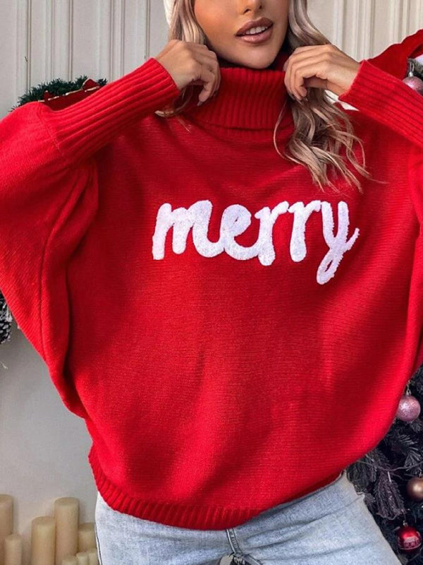 Women’s turtleneck loose bat sleeves letter sweater