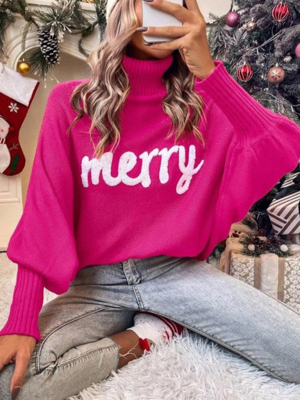 Women’s turtleneck loose bat sleeves letter sweater