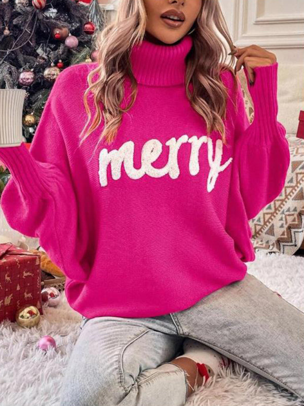 Women’s turtleneck loose bat sleeves letter sweater - Rose / S