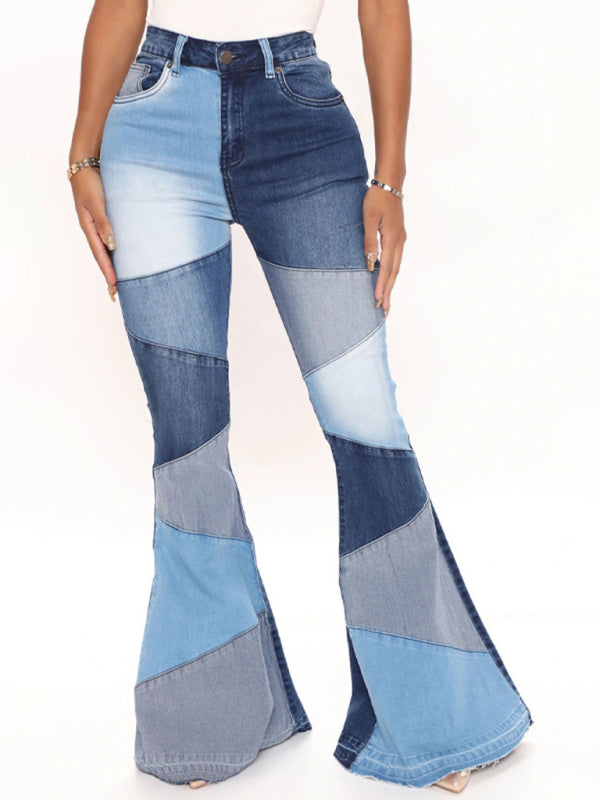 Women’s two-color splicing street washed flared jeans - Blue / S