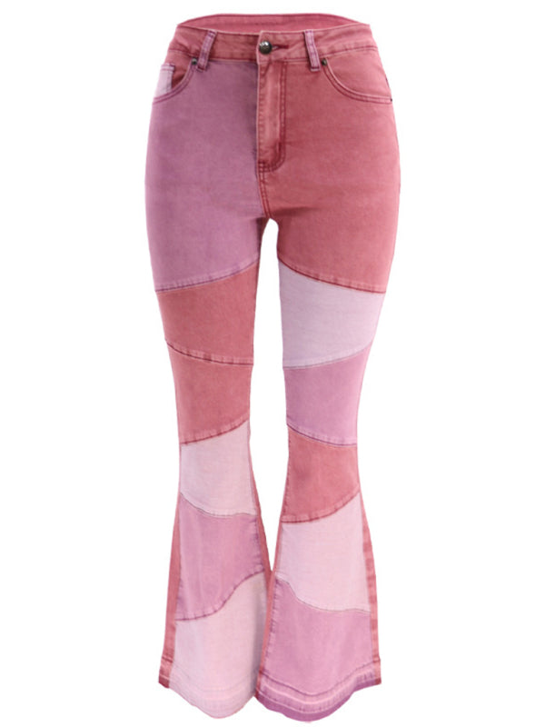 Women’s two-color splicing street washed flared jeans - Purple / S