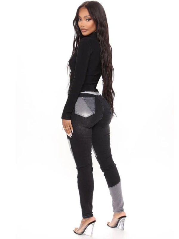 Women’s Two-color Stitching Street Wash High Waist Skinny Jeans