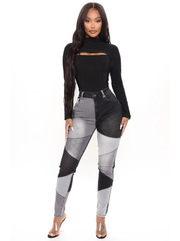 Women’s Two-color Stitching Street Wash High Waist Skinny Jeans
