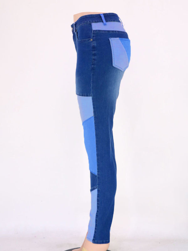 Women’s Two-color Stitching Street Wash High Waist Skinny Jeans