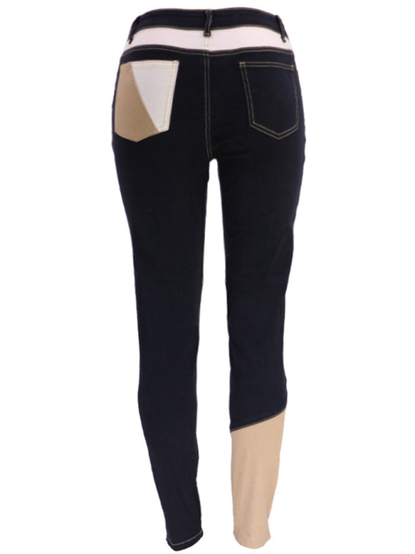 Women’s Two-color Stitching Street Wash High Waist Skinny Jeans