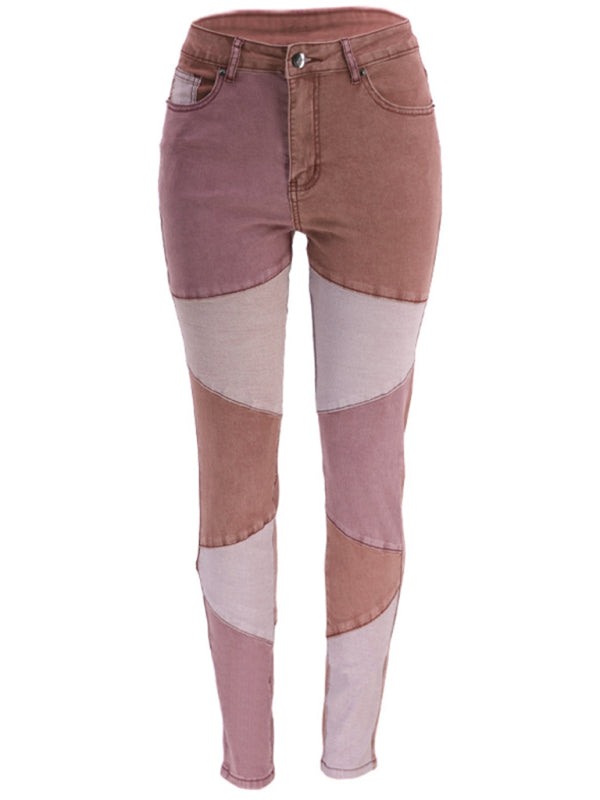 Women’s Two-color Stitching Street Wash High Waist Skinny Jeans