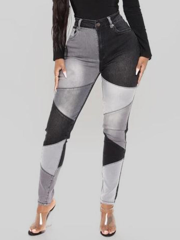 Women’s Two-color Stitching Street Wash High Waist Skinny Jeans - Black / S