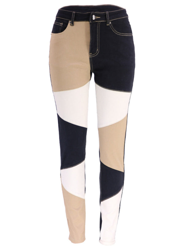 Women’s Two-color Stitching Street Wash High Waist Skinny Jeans - Khaki / S