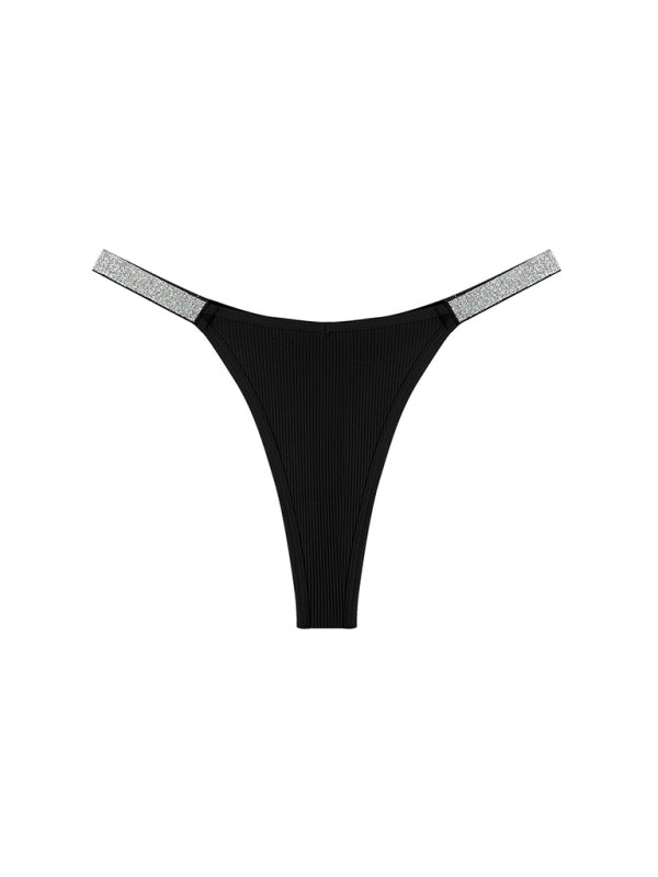 Women’s Underwear Silver Ribbon Thread Multicolor Knitted Sexy Thong - Black / XS