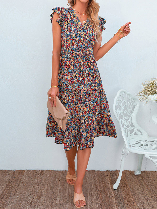 Women's V-neck flying sleeve floral dress long skirt - Closther