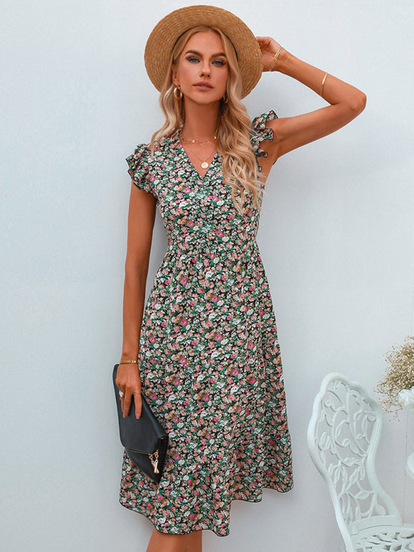 Women's V-neck flying sleeve floral dress long skirt - Closther