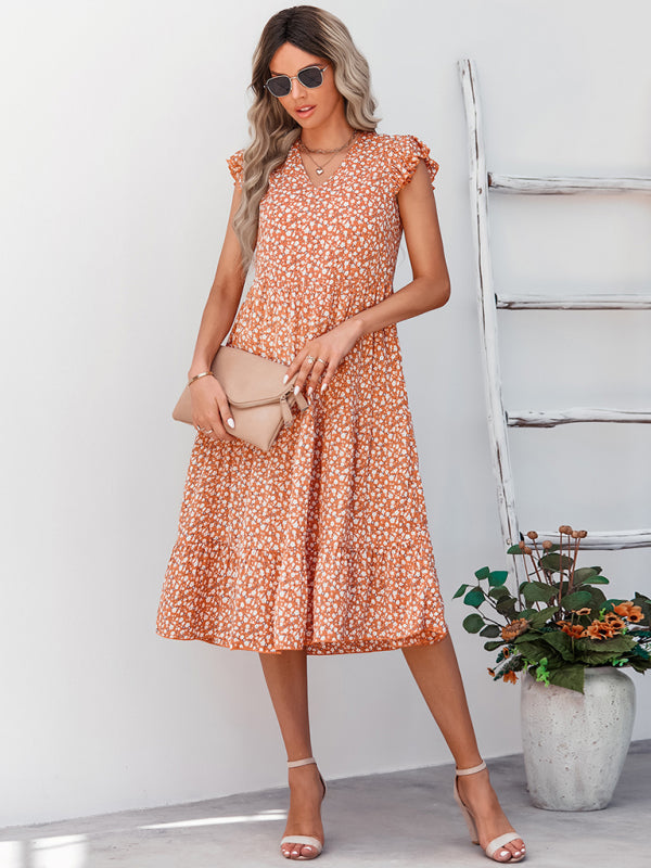 Women's V-neck flying sleeve floral dress long skirt - Closther