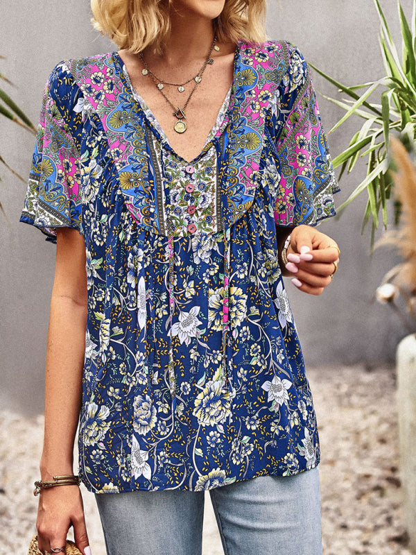 Women’s V Neck Short Sleeve Printed Short Sleeve Shirt