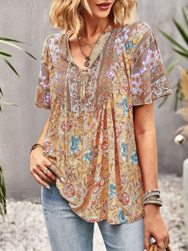 Women’s V Neck Short Sleeve Printed Short Sleeve Shirt
