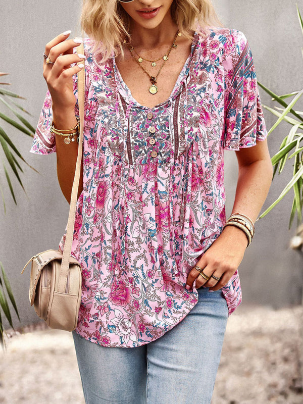 Women’s V Neck Short Sleeve Printed Short Sleeve Shirt