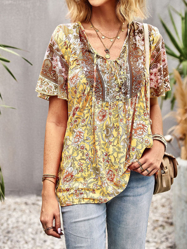 Women’s V Neck Short Sleeve Printed Short Sleeve Shirt